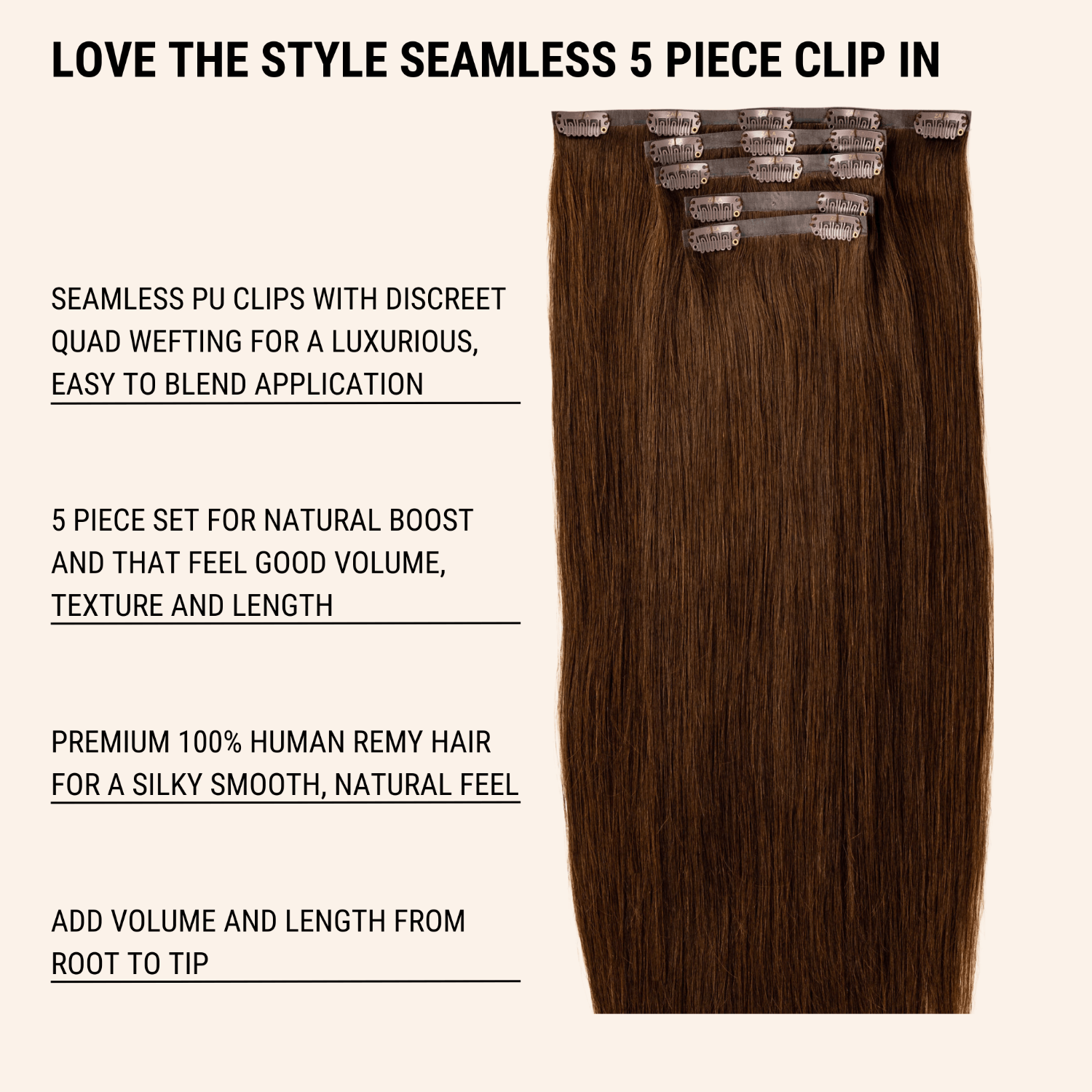 Seamless Clip-in - 5 Piece Natural Volume - Human Remy Hair Extensions