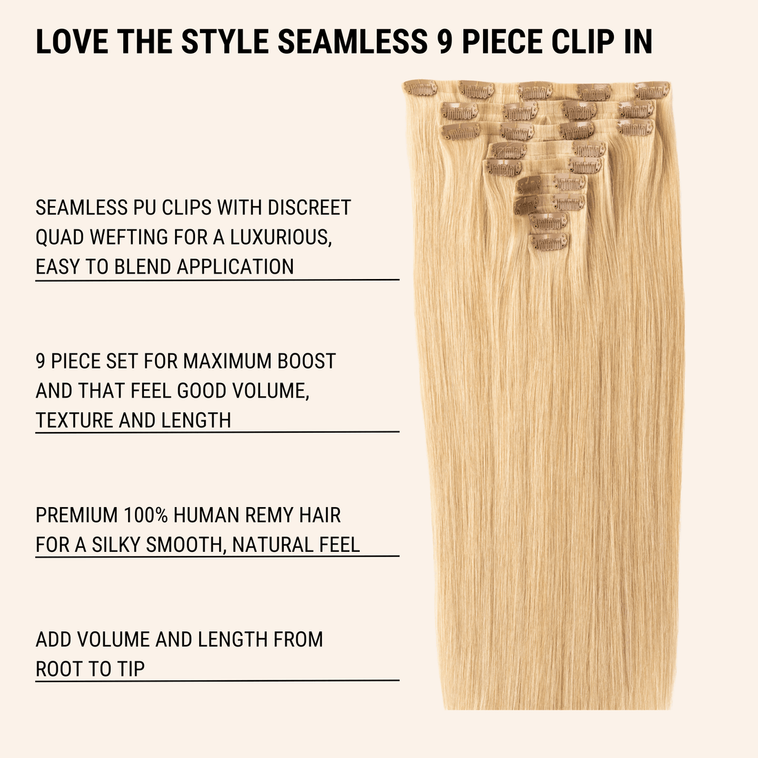 Invisible Clip-in - 9 Piece Maximum Volume - Blonde Shades - Human Remy Hair Extensions